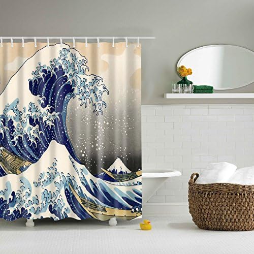 Sea Of Kanagawa Decorative PEVA Mildew Free Water Repellant Shower Curtain 72x72Inch Comes With 12 Hooks