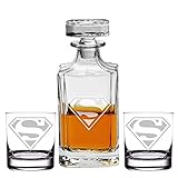 Abby Smith, Superman Engraved Decanter and Rocks Glasses, Set of 3