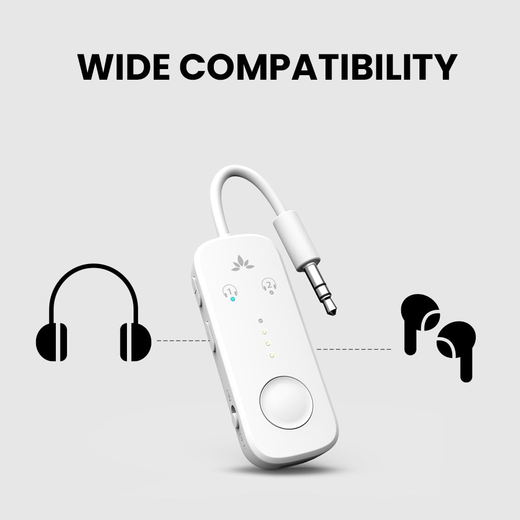 Avantree Relay - Airplane Bluetooth 5.3 Adapter with Qualcomm aptX Adaptive, Supports 2 AirPods or Headphones, 20Hr Playtime, 3.5mm AUX Wireless Audio Transmitter for Travel Flight, Airline, Gym