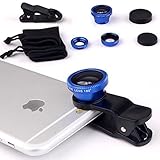 ECVILLA Universal 3 in 1 Camera Lens Kit Clip-On 180 Degree Supreme Fisheye + 0.67X Wide Angle+ 10X Macro Lens for iPhone 6s/6s Plus, iPhone 6/6 Plus,iPhone 5 5S 4 4S Samsung HTC Android (Blue)