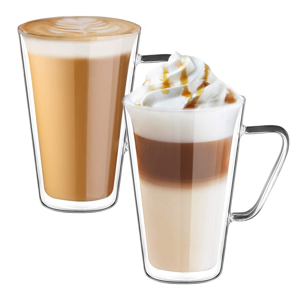 ecooe Double Walled Latte Macchiato Glasses Cups Borosilicate Glass Cups Set of 2 450ml Coffee Glass Tea Glasses with Handle for Cappuccino, Latte Macchiato, Tea, Ice Cream, Milk, Beer