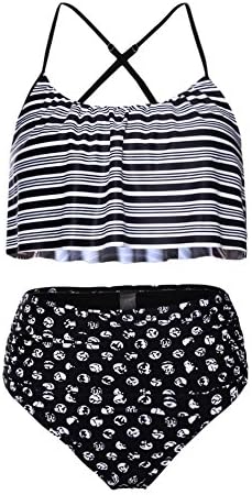 Qiaoer Women's Vintage Falbala Ruched High Waist Bikini Set Swimsuit (S, Stripes)