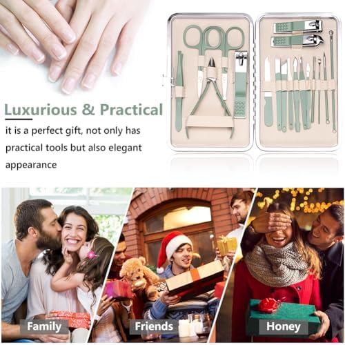 Kit Manucre Pedicure, 18pcs Coupe Ongle Professionnel Set Coupe Cuticule Acier Inoxydable, Trousse Manucure Pedicure avec Exquis La Boîte pour Voyage et à la Maison (Vert)