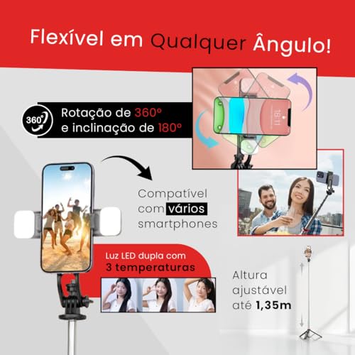 Bastão Pau de Selfie Tripé para Celular com iluminação Bluetooth Controle Remoto Portátil Retrátil para iOS e Android (Preto) H'MASTON