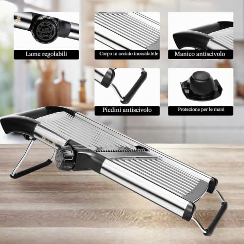 5 in 1 Manual Adjustable Vegetable Mandolin, Stainless Steel Blades, Hand Protection, Julienne Slicer for Potatoes Carrots Onions