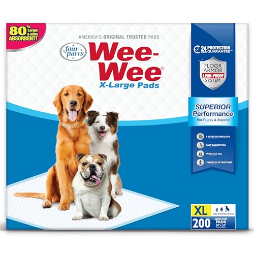 Four Paws Wee-Wee Superior Performance Extra Large Pee Pads for Dogs with Runoff Barrier Edge Guard Protection, Puppy & Dog Potty Training Pads, Housebreaking Supplies, 28" x 34" (200 Count)