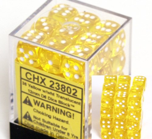 Yellow with White Spots Translucent 12mm 6 Sided Dice 36 by Chessex
