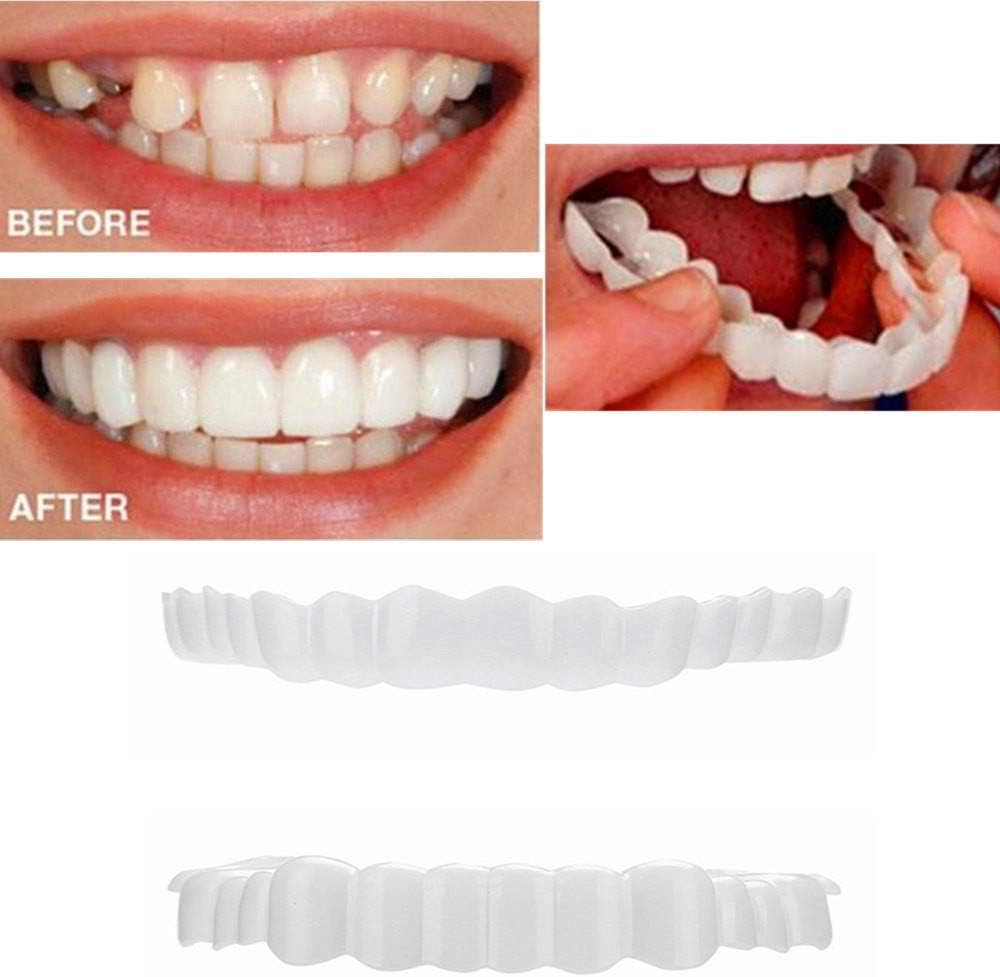 XILALU 1 Pair Simulation Teeth, Upper&Lower Temporary Smile Comfort Fit Cosmetic Teeth Comfortable Cosmetic Sticker Veneer Denture Care (1 Pair, White)