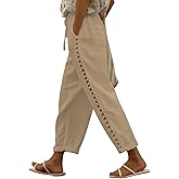 Lasjixion Women Linen Pants Capri Pants Petite Loose Fit Elastic Drawstring Pajama Summer Beach Vacation Pants for Women