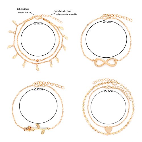 Daycindy Infinity Love Rose Charms Coin Chain Anklets for Women Golden, Pack of 4