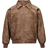 Fullneat Men's Teen Faux Leather Zip Up Bomber Jacket 90S Vintage Biker Racing Moto Jackets Streetwear Coats