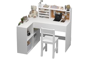 NKUGCFC 41in*31in White Kids Desk and Chair Set for 5-12 Year Old, KidsDesk with Bulletin Board, Kids Study Desk and Chair Set with Drawers and Shelves,Kids Corner Desk and Chair Set with Hunch