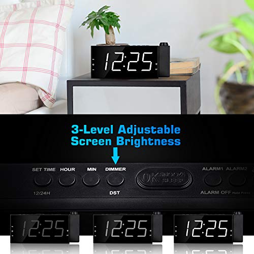 OnLyee Projection Ceiling Wall Clock, Alarm Clock, 7" LED Digital Desk/Shelf Clock with Dimmer, USB Charging, AC Powered (White-Projection Clock with Bed Shaker)