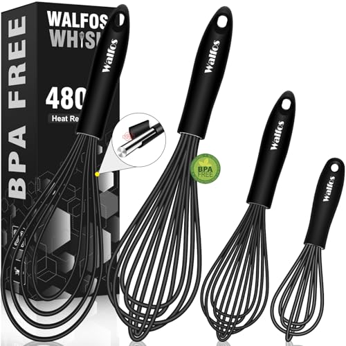 Walfos Whisk Silicone Whisks set, Non Scatch Coated Whisks for Cooking and Baking, Heavy Duty Set of 4 Kitchen Whisk - 11'' Flat Wisk and 7''+10''+12'' Balloon.