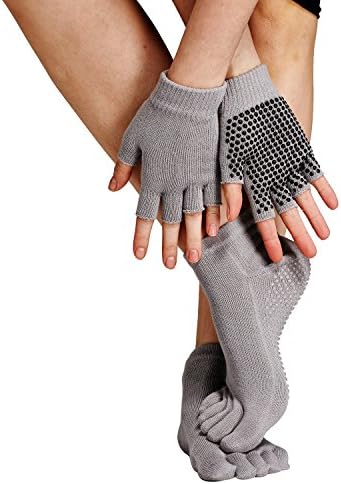 Gray Yoga Socks Gloves Set Non Slip Barre Pilates Sock with Grips for Women Men