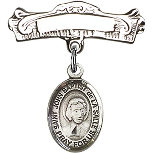 Sterling Silver Baby Badge with St. John Baptist de la Salle Charm and Arched Polished Badge Pin 7/8 X 7/8 inches