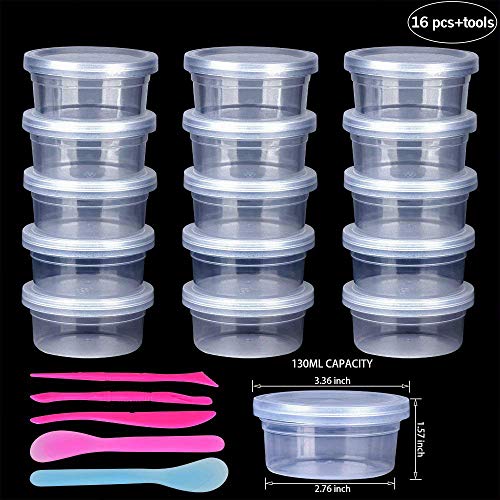 Slime Storage Containers for Slime, Foam Ball Beads and Fishbowl Beads, 16 Pack with Lids 4.5oz Capacity, 2pcs Mixing Spoon 3pcs Slime Tools for Slime DIY Art Craft Making Homemade by Kulannder