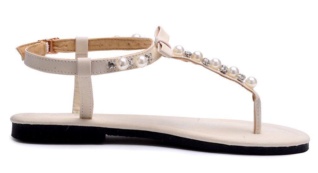 Odema Womens Gladiator Flat Sandals Wedding Pearls Rhinestone Bowknot Shoes White - Image 5