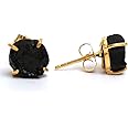 Gempires Gift Natural Raw Black Tourmaline Crystal Stud Earrings For Women Simple Dainty Jewelry Gemstone Handmade Gold Plated Hypoallergenic Post Earrings Minimalist Everyday Wear
