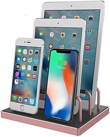 USB Charging Station, Reflying 4 Port Universal Fast Charging Dock Station with Built in Lighting Connectors Multi Port iPhone Charger Station Organizer for IOS Devices, iPad, Airpods - Rose Gold