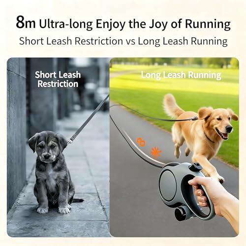 Angel Living Retractable Dog Leash 8 m with Lock Button and Poop Bag - 360° Anti-Twist - Very Strong (up to 50 kg)