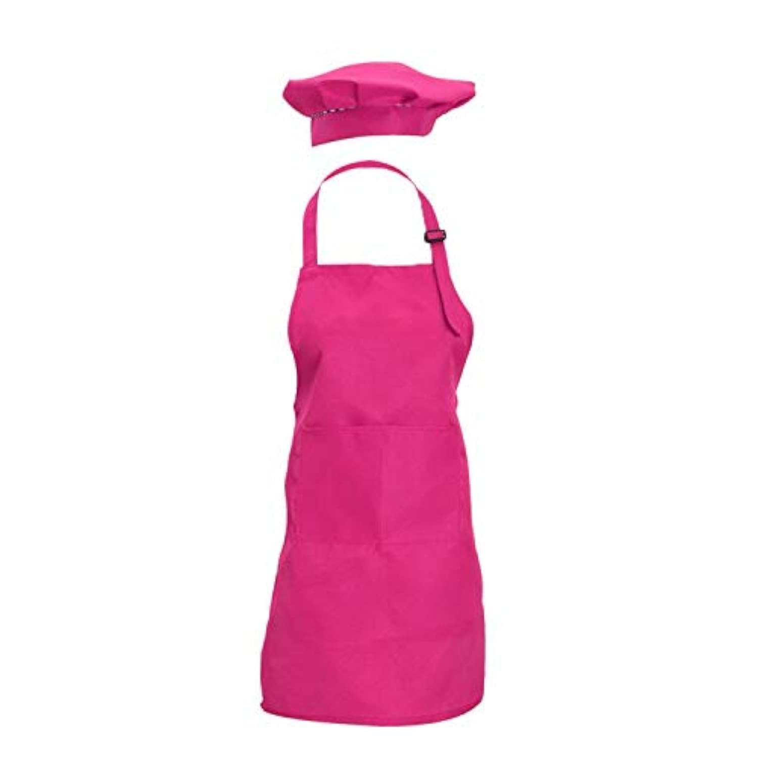 CWFUN 2 Pcs Hot Pink Kids Apron and Chef Hat Set, Adjustable Bib With 2 Pockets for Boys Girls, Kitchen Cooking Baking Painting Wear (4-12 Years Old, 1 Set)