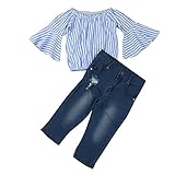 Vovotrade Toddler Baby Girl Off Shoulder Stripe T Shirt Top+Jeans Pants Outfit Clothes Set