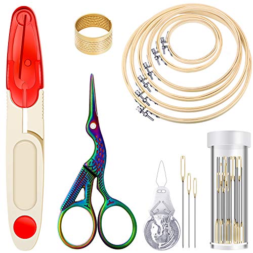 Cross Stitch Tool Embroidery Starter Kit Including 6 Pieces Bamboo Sewing Hoops, Retro Scissors, Thimbles, Cross Stitch Needle-Threading Tools and Embroidery Needles for Sewing Embroidery Supplies