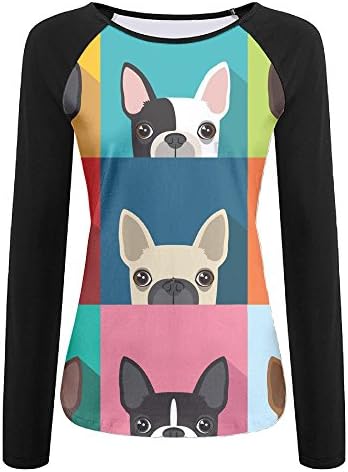 FRAD LOP Cartoon Boston Terriers Bulldog Women's Round Neck Raglan Sleeve Long T-Shirt Blouse Tops Casual Teen Girls Tees M
