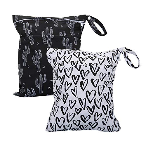 TRENSOM Wet Dry Bag for Breast Pump Parts Waterproof Reusable bags with Two Zippered Pockets Heart Cactus Wet Bag for Cloth Diapers Travel Beach Pool Yoga Gym Bag for Swimsuits Wet Clothes 2 pcs