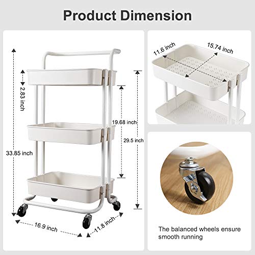 3-Tier Utility Cart, Kitchen Rolling Utility Cart Trolley Storage Shelves with Metal Tubes Lockable Wheels, Easy Assembly Food Service Mesh Basket Cart for Kitchen, Bathroom, Office Paint Storage - Thumbnail 5