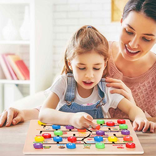 AiTuiTui Wooden Alphabet Maze Board, ABC 26 Letters Match Puzzle Learning Toys Early Educational Motor Skill Activity Matching Games with Cute Illustrations for Kids Toddlers Gifts