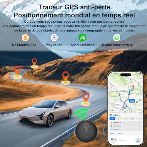 Traceur GPS Voiture,Magnétique Smart Tag Tracker,Traceur caché localisateur,Traceur sans Abonnement,Étanche IP67,Compatible avec iOS et Android,pour Véhicules/clés/Moto/Bagage/Enfant/Wallet-
