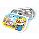 Pororo Portable Stainless Steel Divided Food Tray, Platter with Lid in Blue, Made in Korea