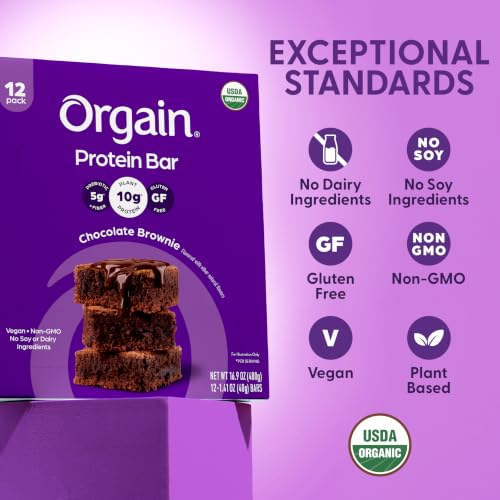 Orgain Organic Vegan Protein Bars, Chocolate Brownie - 10g Plant Based Protein, Gluten Free Snack Bar, Low Sugar, Dairy Free, Soy Free, Lactose Free, Non GMO, 1.41 Oz (12 Count)