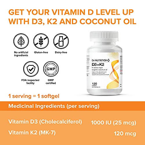 Vitamin D3 + K2 in Organic Coconut Oil, Vitamin K2 MK7 + D3 (1000IU