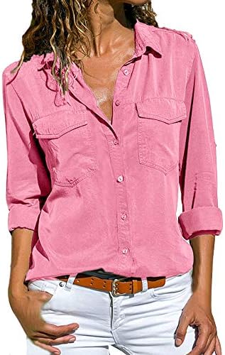 Women's Plain Roll Sleeve Shirt Office Ladies Casual Blouses Tops