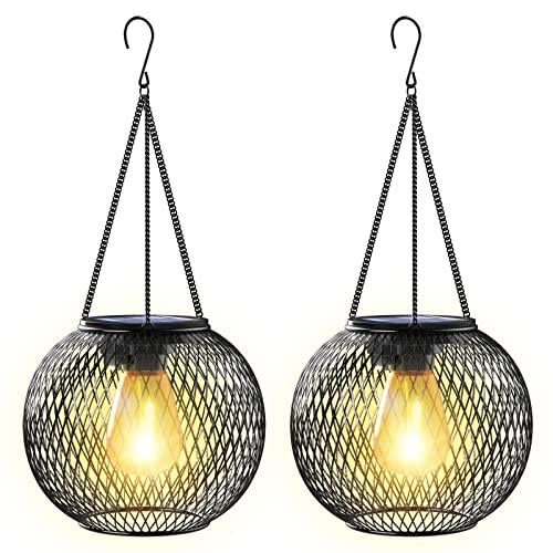 KagoLing Solar Lights for Outdoor Hanging, Pack of 2 Metal Solar Lantern with Retro Large LED Bulb, IP65 Garden Decoration, Weatherproof, Solar Lights Garden with Hook and Chain for Patio, Lawn, Balcony, Yard