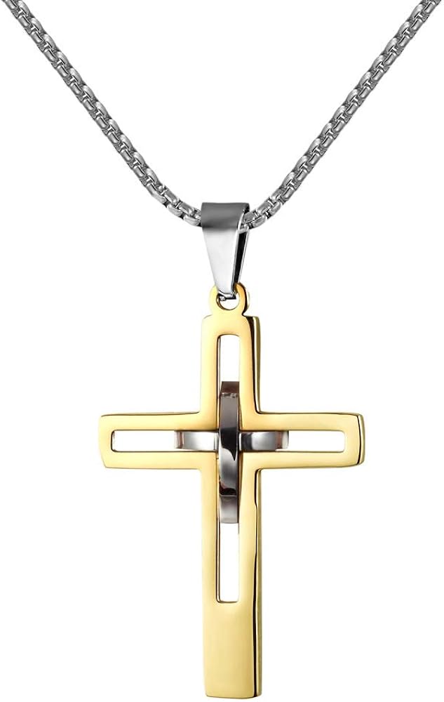 Fashion Double Cross Pendant Jesus Necklace For Men Boy Stainless Steel 24inch Chain Link