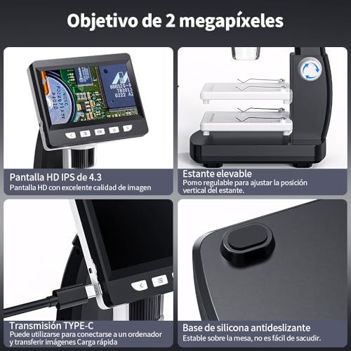 JESWO Microscopio LCD Digital, Microscopio de 4.3 Pulgadas, Aumento 1000X, Mesa elevadora Ajustable para la Mejor observación