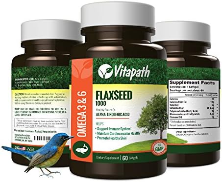 Flaxseed Oil Capsules All Natural 1000MG Supplement , Supports Immune System, Heart Health, Joint and Brain Function, Contains Plant Sourced Omega 3 &amp; 6 -60 Softgels- By Vitapath