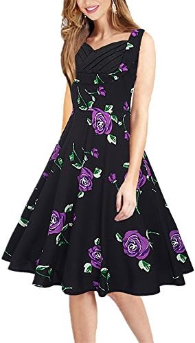 SUNNOE Womens 1950s Floral Garden Retro Vintage Style Sleeveless Cocktail Party Swing Dress Wear To Work Dress Picnic Dress (XX-Large, Blackpurple)