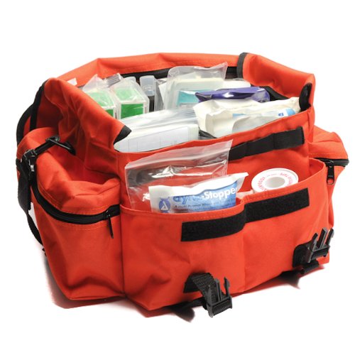 MFASCODeluxe Emergency Trauma Kit Bag - Contains Basic First Aid Kit Supplies for Car Roadside Emergency and Home Medical - EMT Essentials - Easy to Carry Bag - Convenient & Heavy Duty Orange Bag