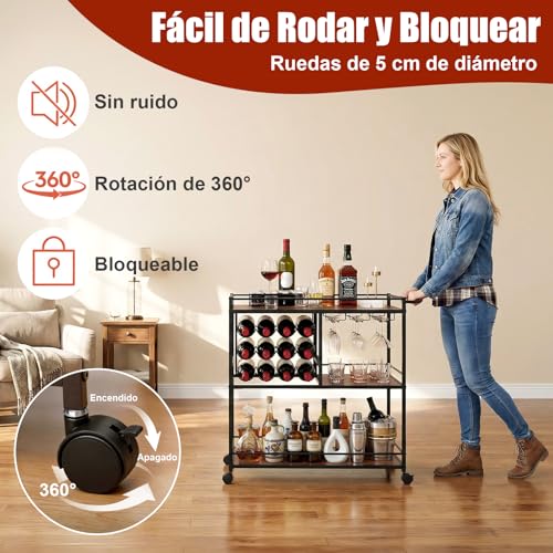 Carrito Organizador con Ruedas,Carrito Auxiliar,Carrito de Servicio Tipo Bar,Mueble Cantina Bar para Casa de 3 Niveles,Ruedas Bloqueables,para 12 Botellas y Copero,Multiusos para Cocina,Sala y Fiestas