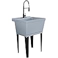 Utility Sink Extra-Deep Laundry Tub in Grey with High-Arc Coil Pull-Down Sprayer Faucet in Matte Black, Integrated Supply Lines, P-Trap Kit, Heavy Duty Floor Mounted Freestanding Wash Station