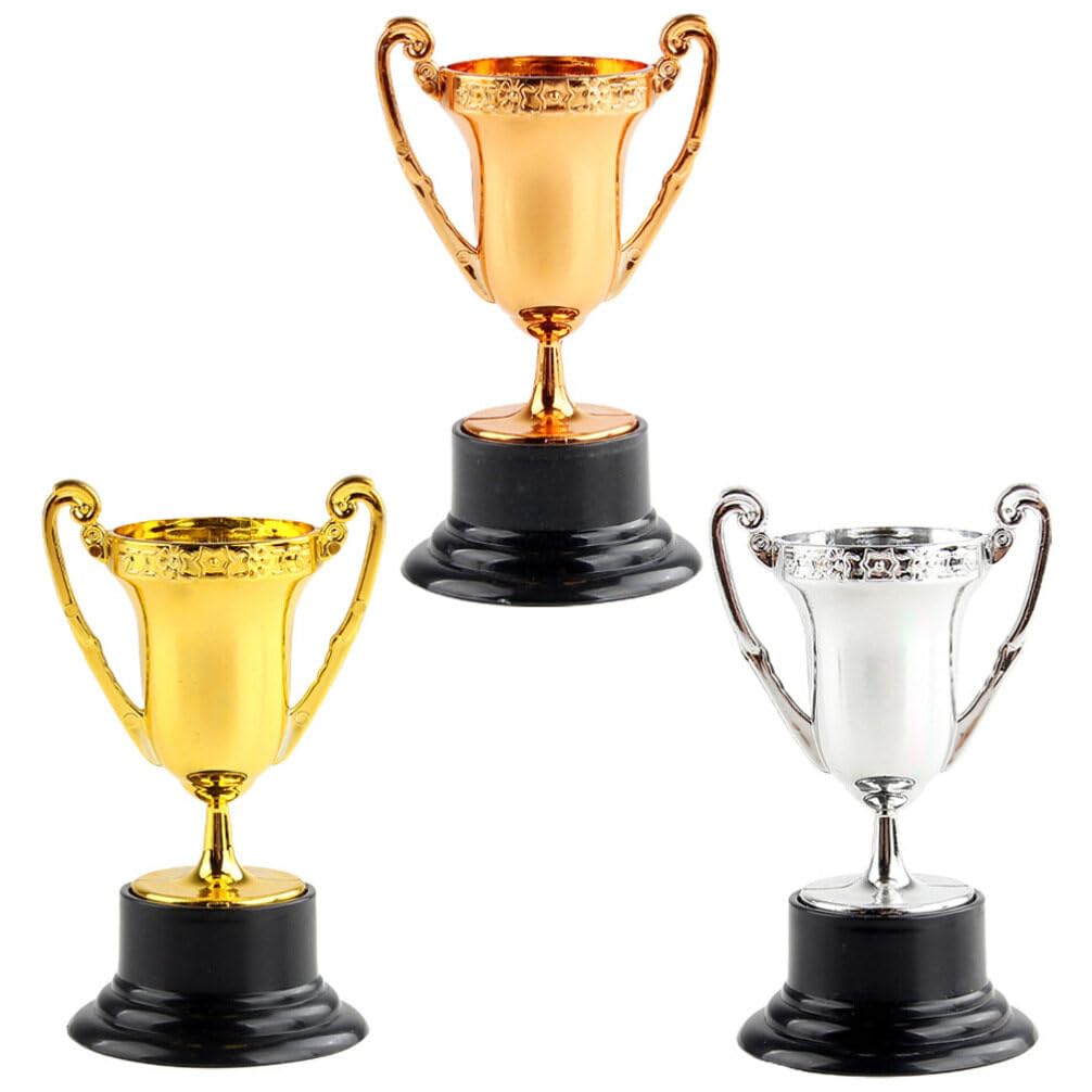 Veemoon 3pcs Mini Trophy Set Kids Award Trophy Cups Plastic Gold Silver Bronze Trophies Set Game Props for Party Favors, Winning Prizes, Competitions, Family Games Prizes (3.2inch)