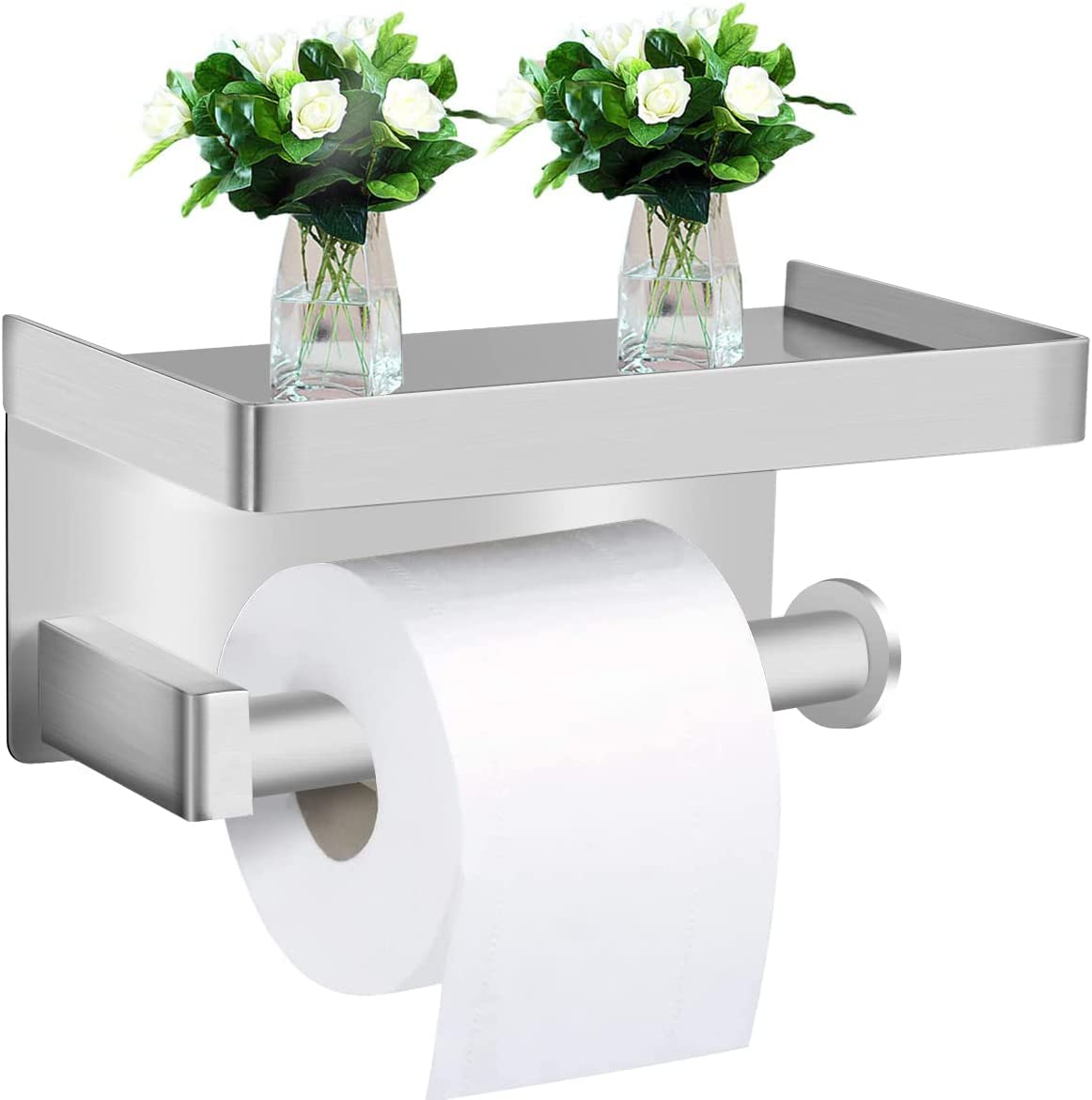 Latawon 2-in-1 Toilet Paper Holder With Shelf - Wall Mounted, No Drilling or Screw Required - Black - for Bathroom and Kitchen