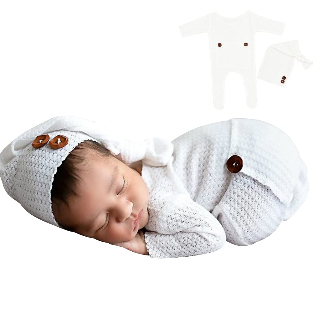 Winmany Baby Crochet Knit Photo Photography Prop Outfits,2PCS Newborn Photo Prop Romper Hats Costume Infant Accessories (White)