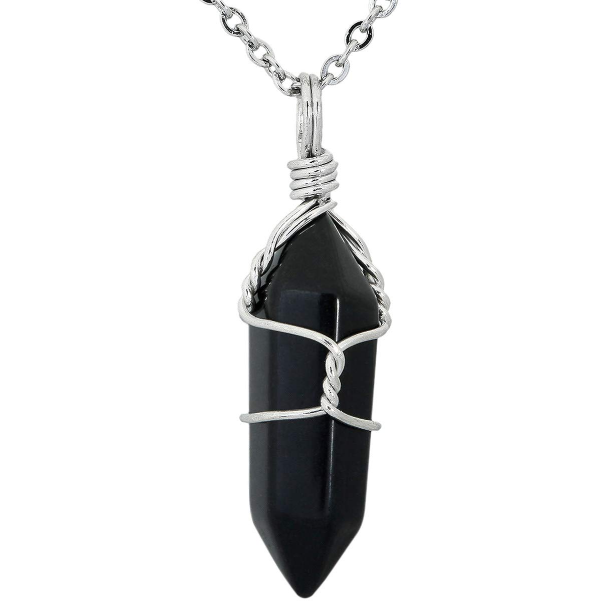 KYEYGWO Pack of 2 Crystal Points Stone Pendants Necklace for Women and Men, Black Agate Crystals Pendants with Chain 19"