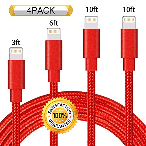 Chamfind iPhone Cable 4Pack 3FT 6FT 10FT 10FT Nylon Braided Certified Lightning to USB iPhone Charger Cord Compatible with iPhone X/8 Plus/8/7/6s/6/6 Plus, 5C/5S/5, iPad/iPod (Red)